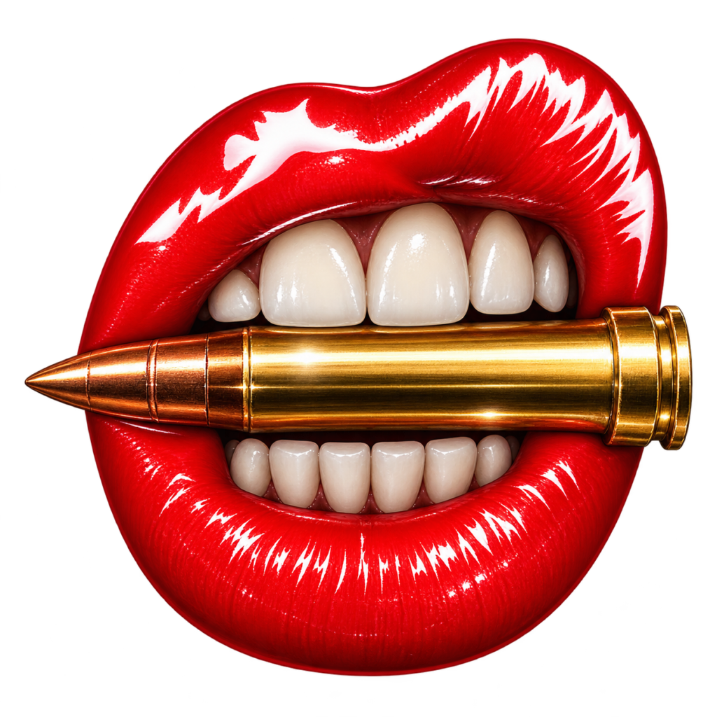 Red lips holding a bullet