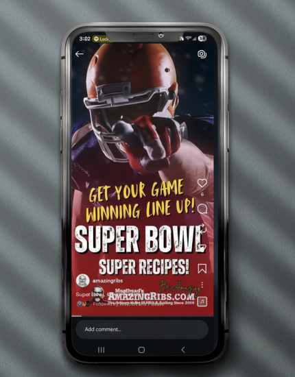 High-impact Super Bowl social creative designed to drive attention, engagement, and traffic for AmazingRibs.com.